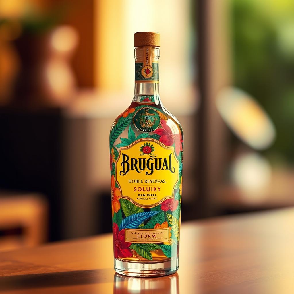 A realistic image of a beautifully designed bottle of "Brugal Doble Reservas" rum, featuring a unique artistic design created by a talented Dominican artist