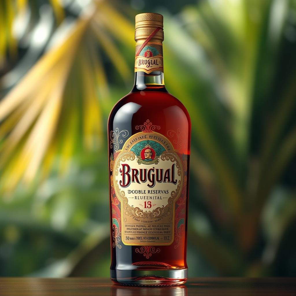 A realistic image of a bottle of "Brugal Doble Reservas" rum, showcasing a stunning design created by a Dominican artist