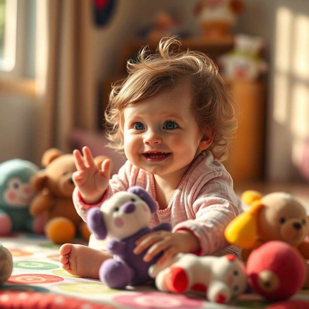 A realistic and heartwarming scene featuring a baby girl with soft, fluffy brown hair and bright blue eyes, sitting on a colorful play mat surrounded by various plush toys