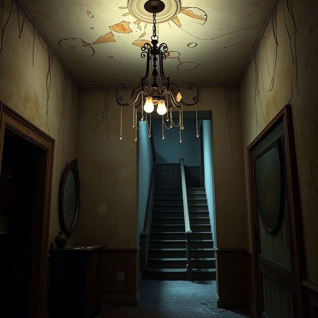 A dusty, Pixar-esque foyer featuring a broken chandelier delicately hanging from the ceiling, casting eerie shadows