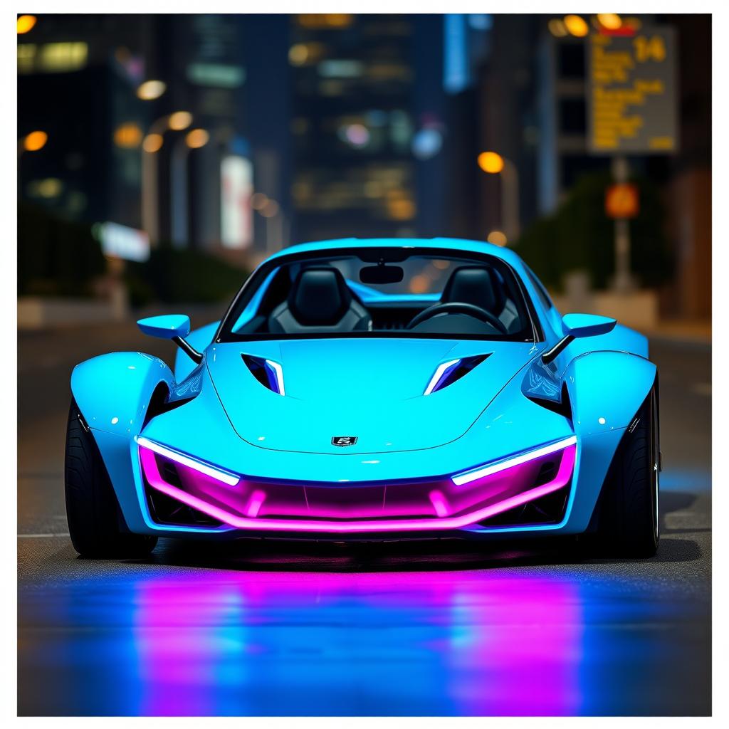 A striking and unique two-seater car, designed with a bright sky blue exterior that captures attention