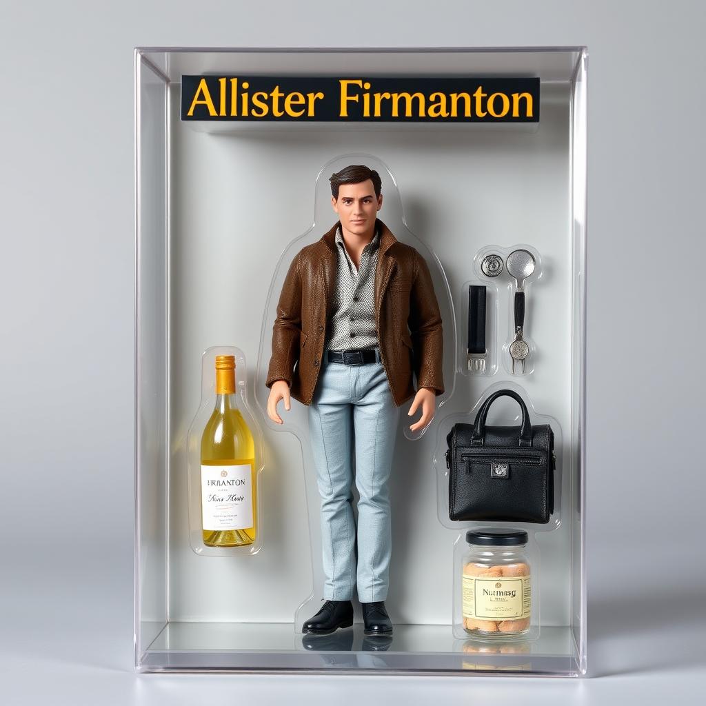 A realistic action figure of a male doll resembling the person in the provided photo, standing in a full figure pose inside a clear plastic box packaging