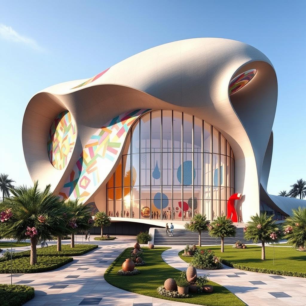 A captivating architectural concept for a museum inspired by Bahman Mohasses, illustrating his vibrant personality and artistic expression through the building's design