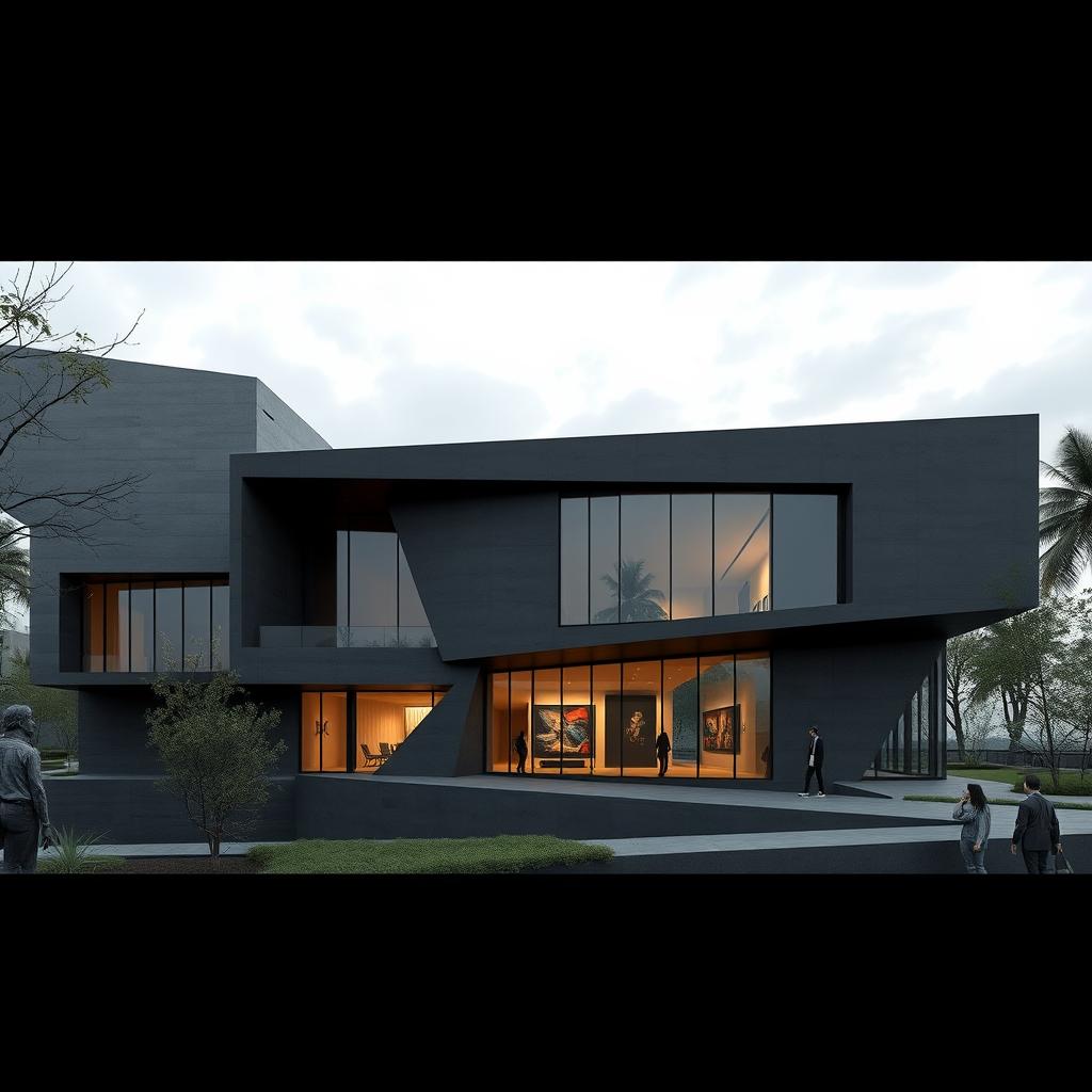 An architectural concept for a museum inspired by Bahman Mohasses, designed to reflect his artistic spirit and the emotional depth of his paintings through a striking use of dark colors
