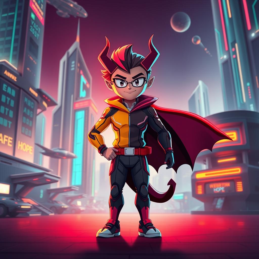 A striking image featuring a cartoon character that embodies both good and evil, standing in a futuristic setting