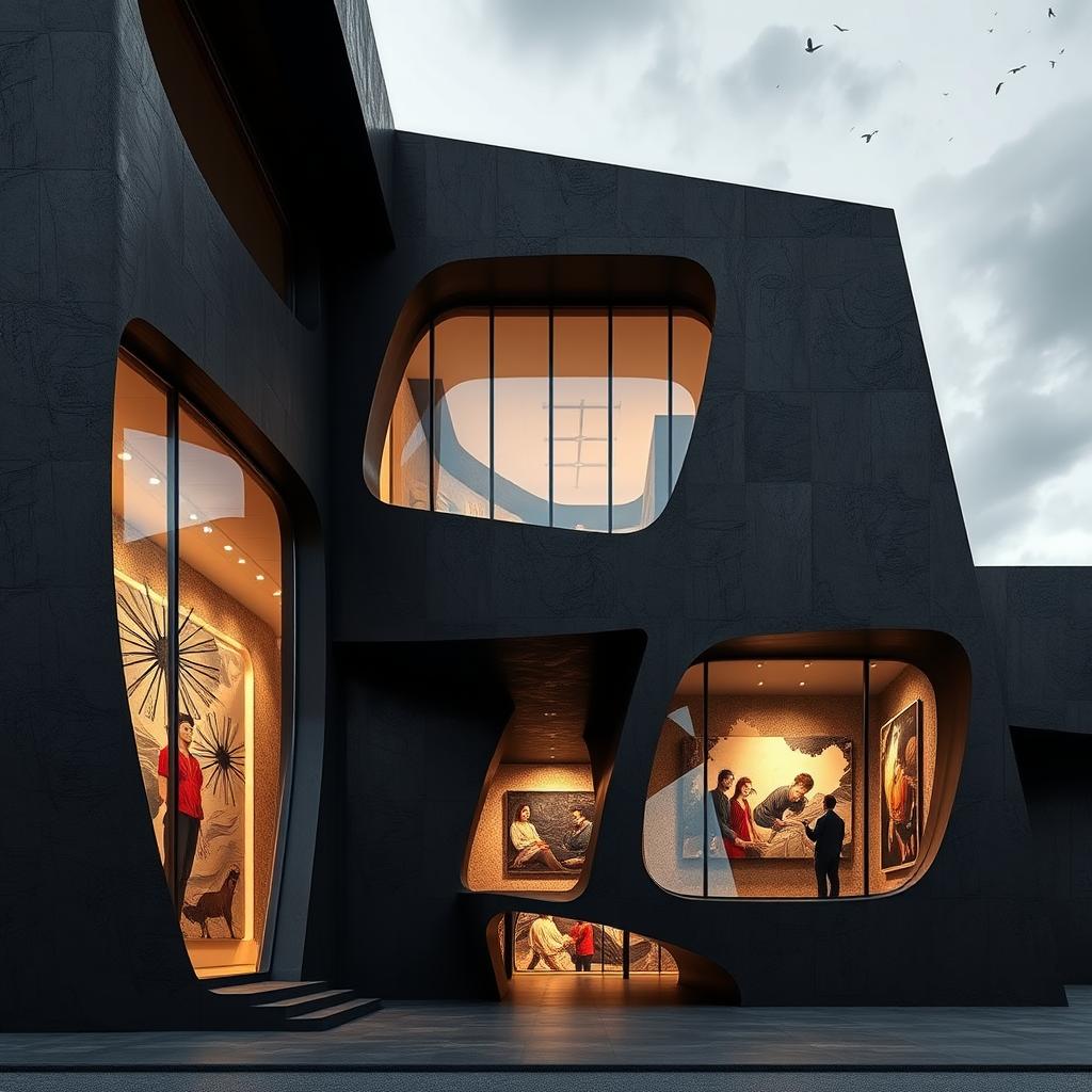 An architectural concept for a museum inspired by Bahman Mohasses that vividly captures his artistic personality and the essence of his paintings