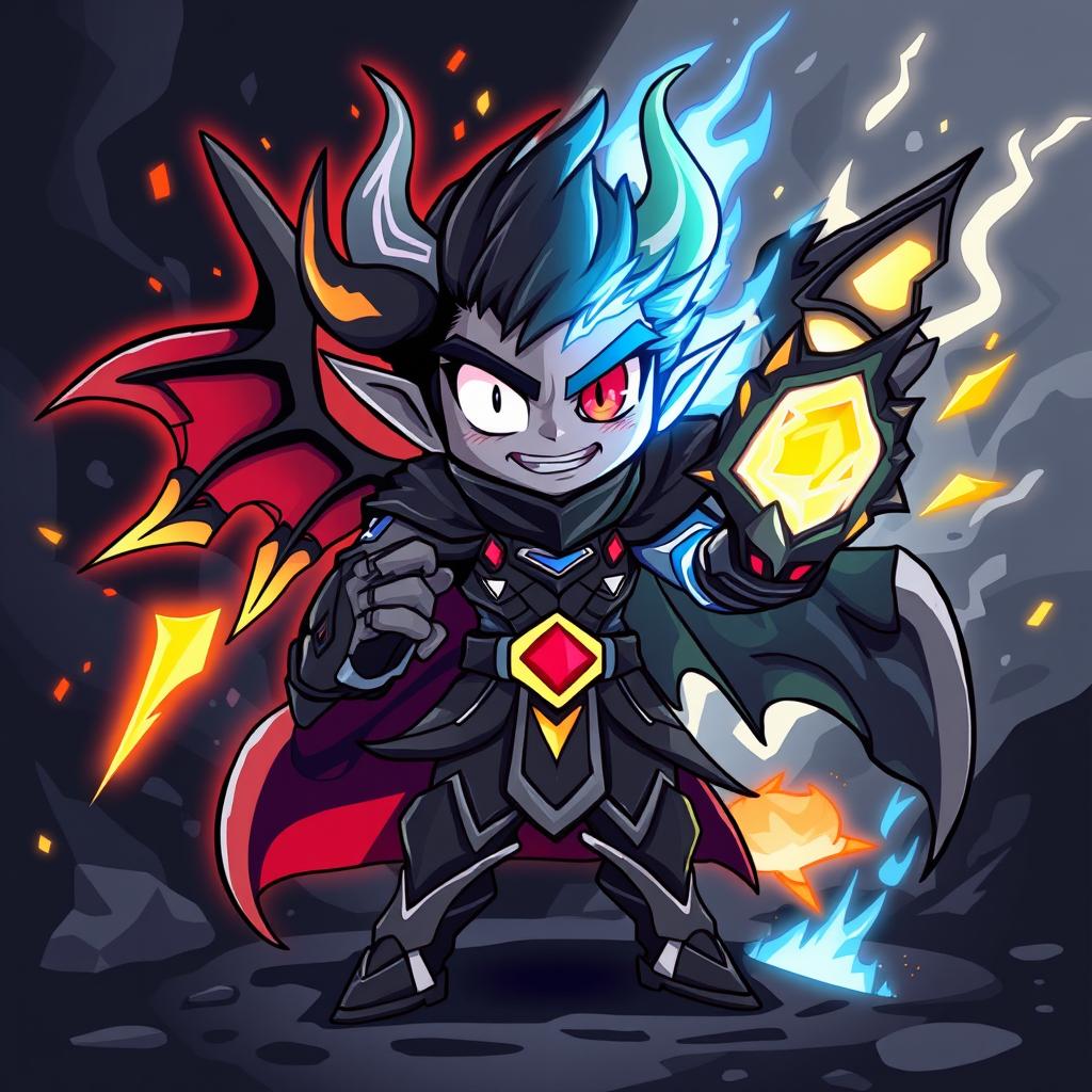A black-themed cartoon character that embodies both good and evil, inspired by gaming lore
