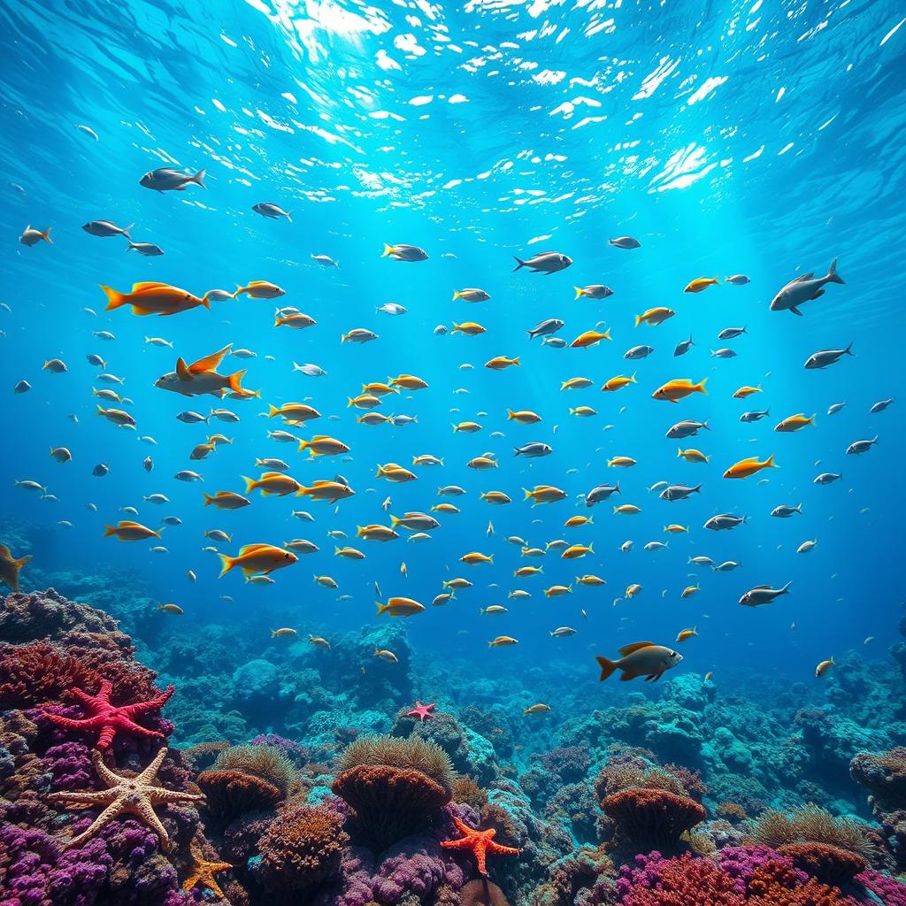 A stunning depiction of an underwater scene featuring a vivid Neptune blue color