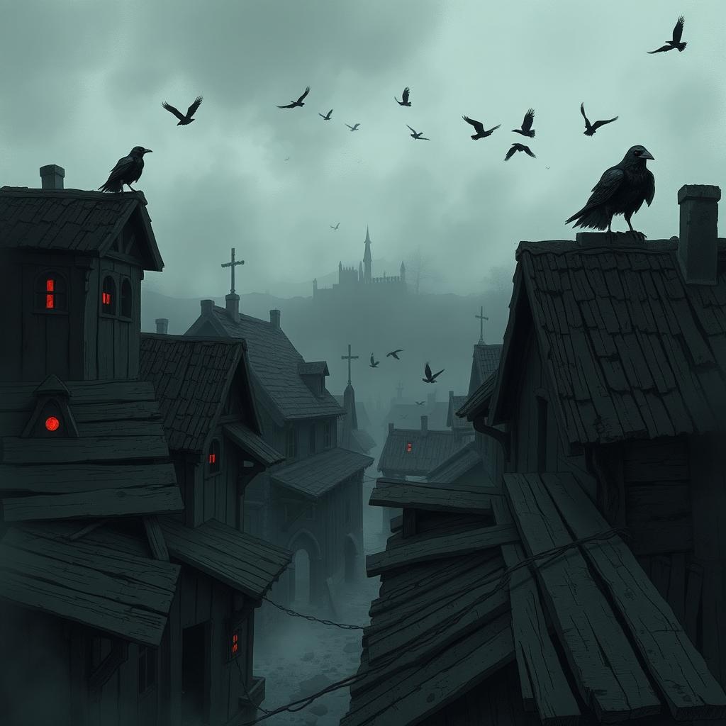 A chilling and eerie illustration of a medieval neighborhood in ruins and decay