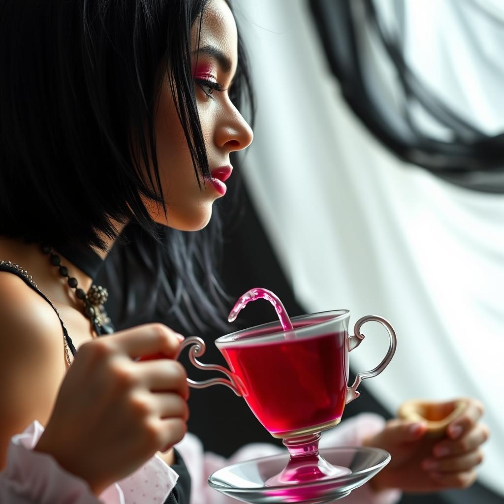 A young punk woman with striking black hair and vibrant pink eyes, captured in profile as she pours bright magenta tea into an elegant teacup