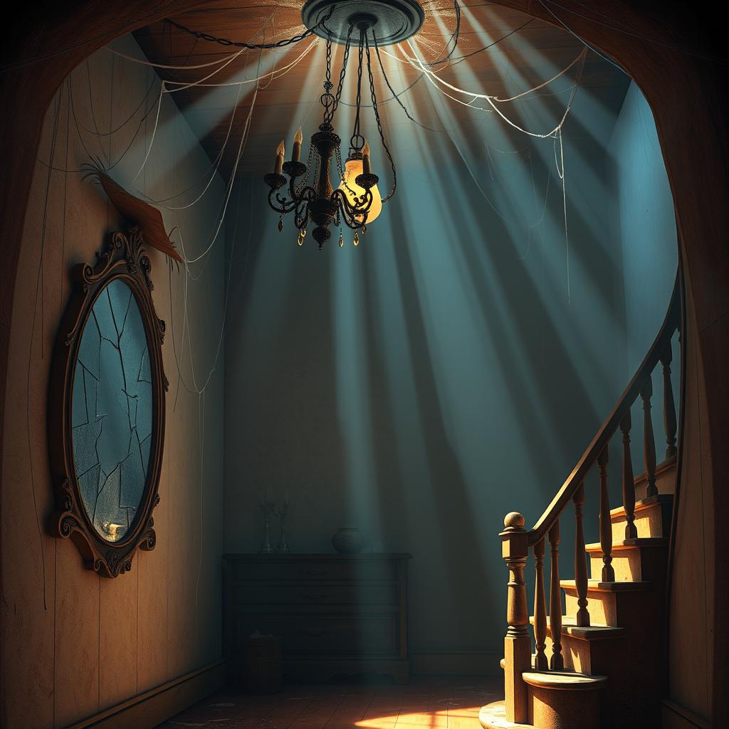 A dusty Pixar-esque foyer filled with delightful whimsy, featuring a broken chandelier hanging from the ceiling, casting soft beams of light