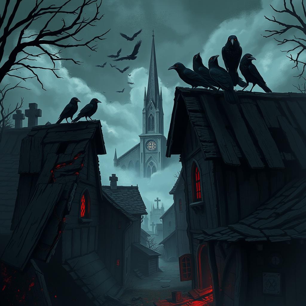 A chilling and eerie illustration of a medieval neighborhood in ruins and decay