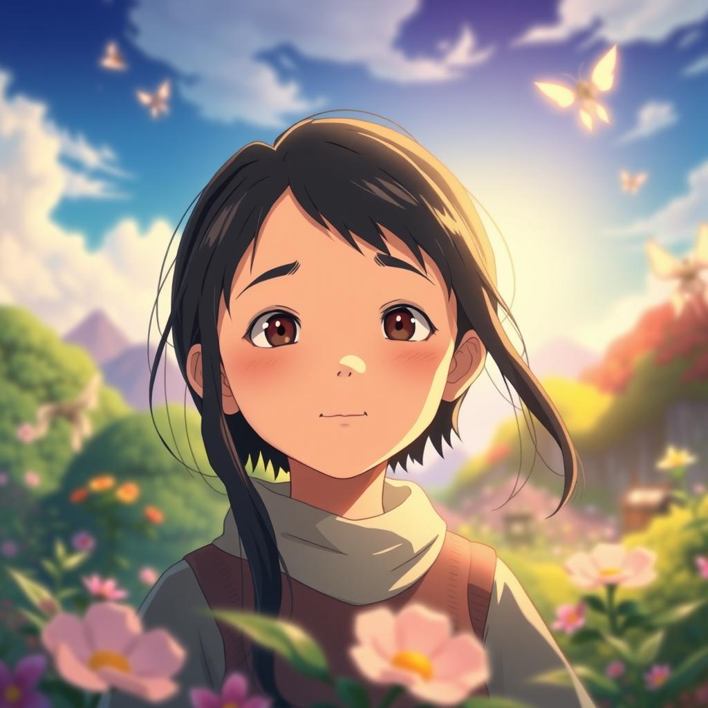 A beautiful scene featuring the same character with the same face and appearance as before, now reimagined in the enchanting aesthetic of Studio Ghibli