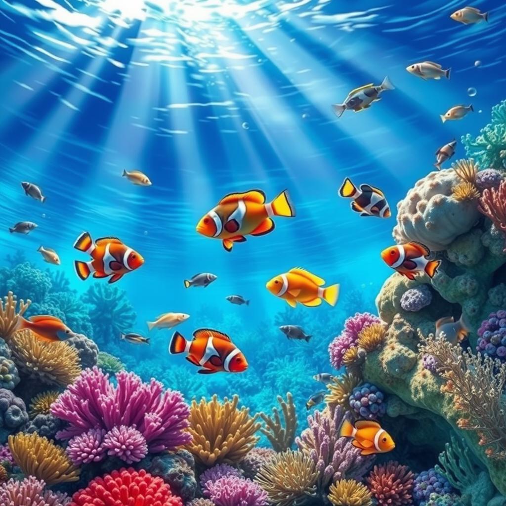 A beautifully detailed and engaging scene depicting a vibrant and colorful underwater world, filled with exotic fish, lush coral reefs, and rays of sunlight streaming down from the surface