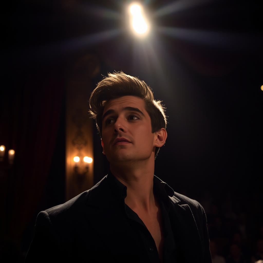 A contemplative moment of a person on stage in a dimly lit theater