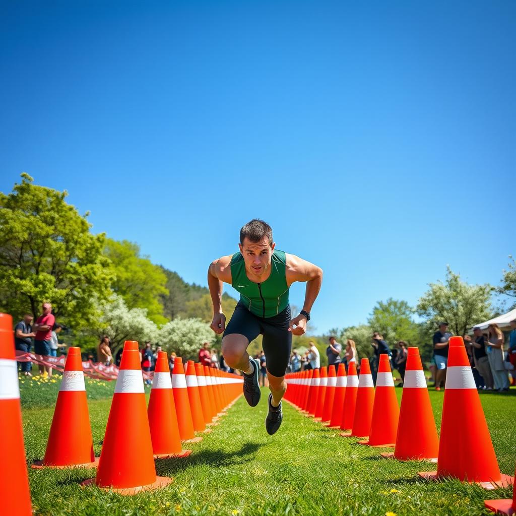 A dynamic scene of a colorful obstacle course made of cones under a clear blue sky