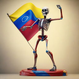 A detailed skeletal figure triumphantly holding a vibrant Venezuelan flag