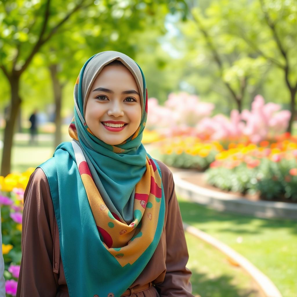 A beautiful young woman wearing a colorful hijab standing next to a person