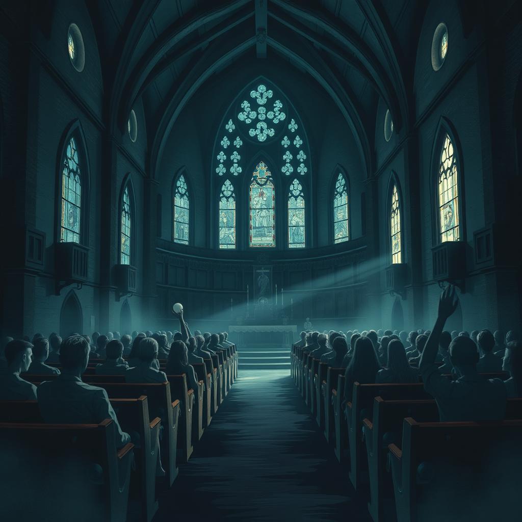 An illustration of the interior of a gloomy and eerie chapel