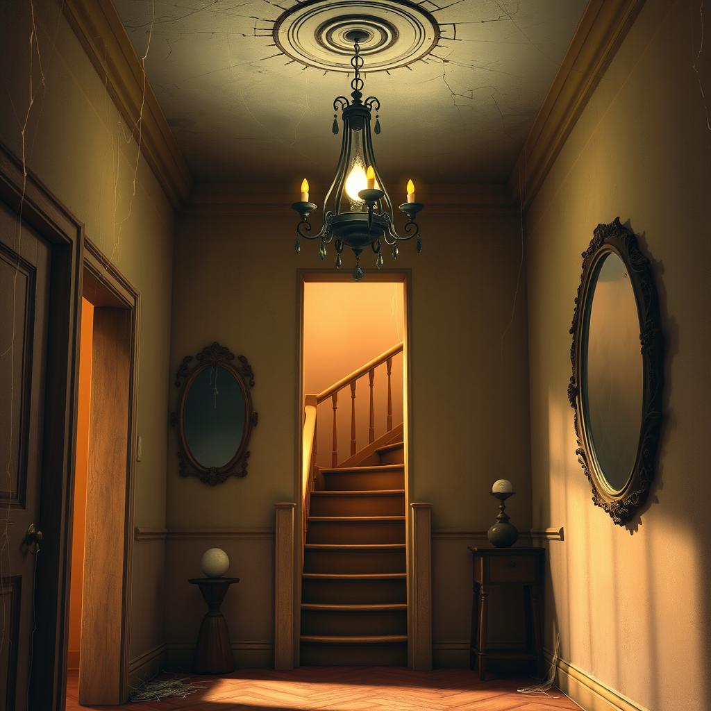 A whimsical, dusty foyer in a Pixar-like style, featuring a broken chandelier hanging from the ceiling with soft light illuminating the space