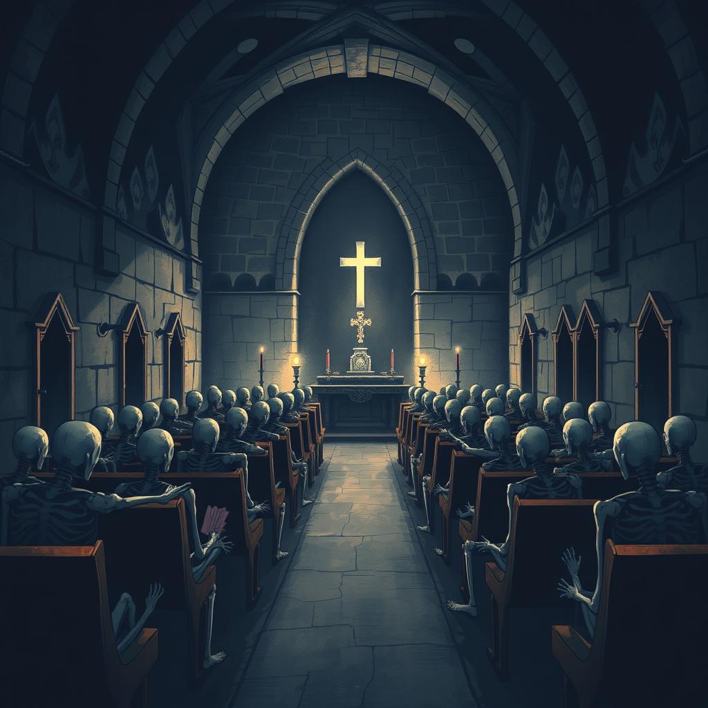 An illustration of the interior of a gloomy and eerie chapel