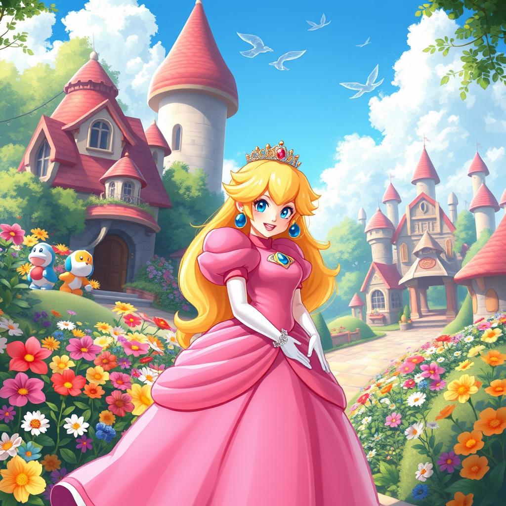 A beautifully illustrated fantasy scene featuring Princess Peach from the popular video game franchise, depicted in her classic pink gown, with a sparkling crown adorning her long, flowing blonde hair