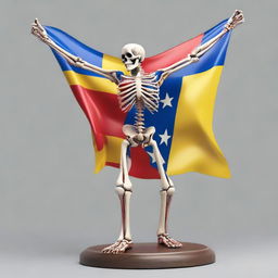 A detailed skeletal figure triumphantly holding a vibrant Venezuelan flag