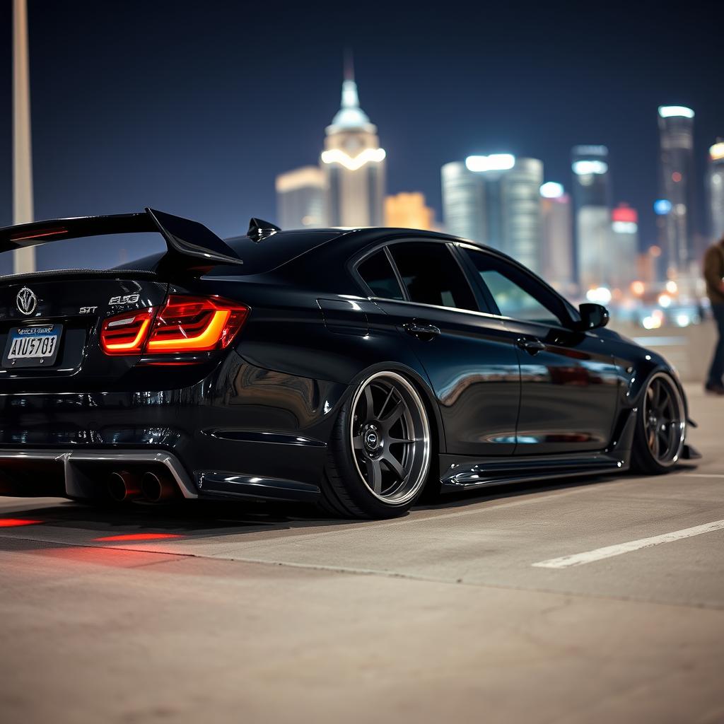 A modified black car with a sleek, lowered stance showcasing its sporty profile