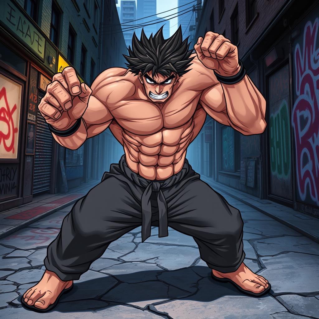 A character reimagined in the dynamic and muscular style of Baki, showcasing exaggerated proportions and intense facial expressions