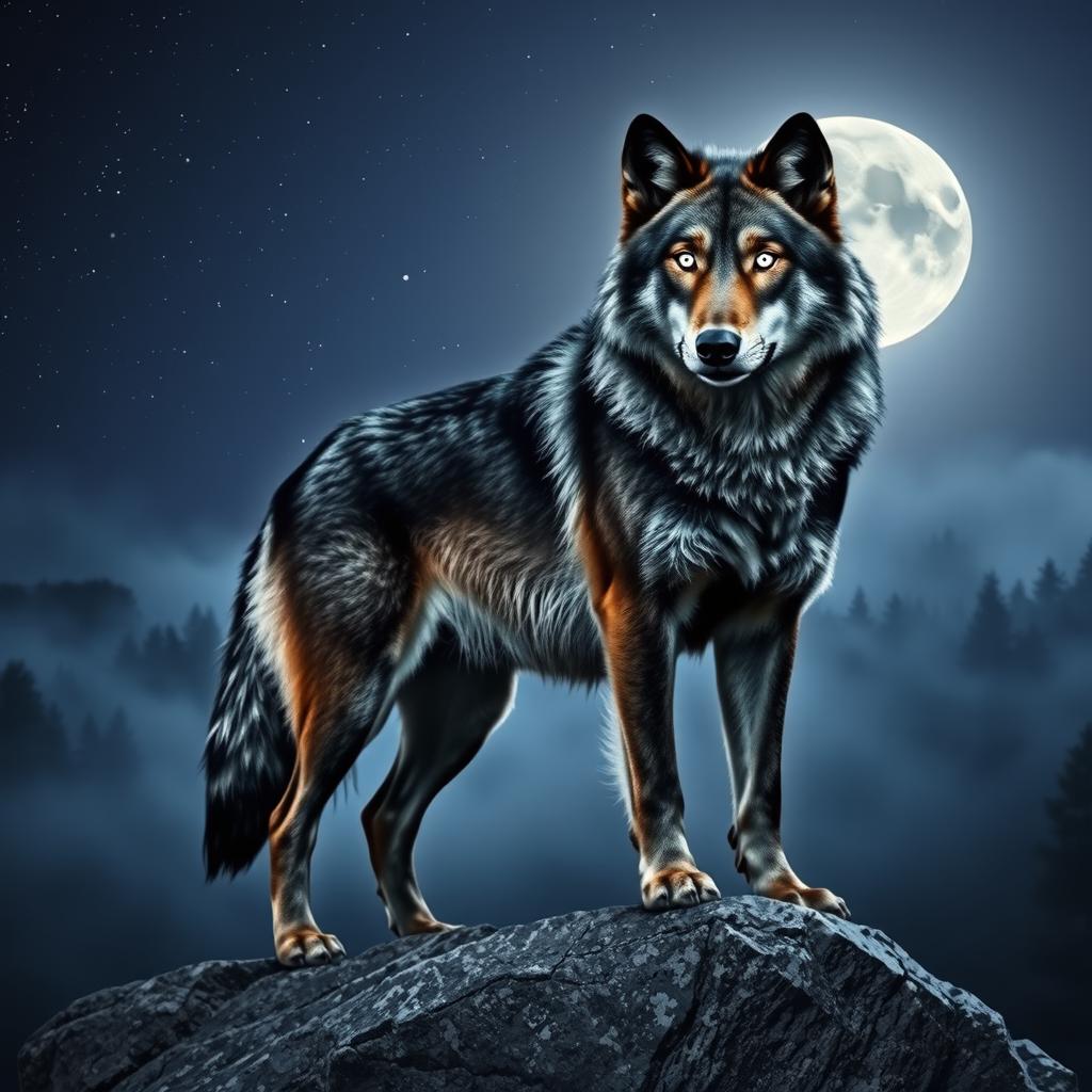 A majestic wolf standing on a rocky outcrop under a starry night sky