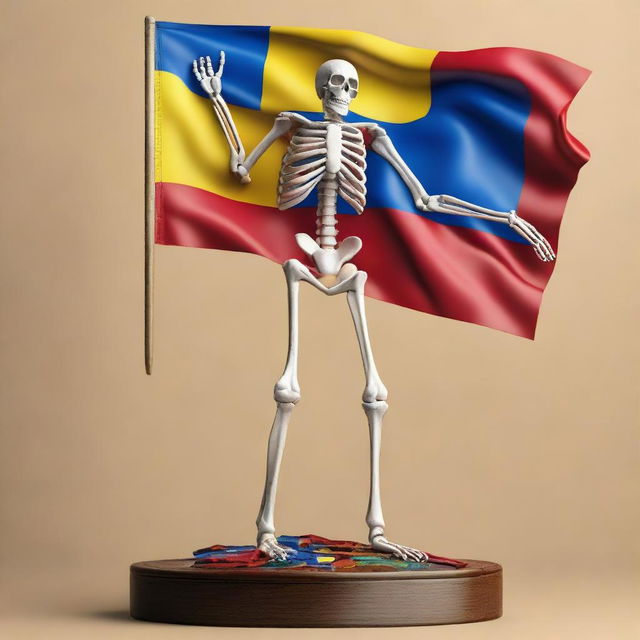 A detailed skeletal figure triumphantly holding a vibrant Venezuelan flag