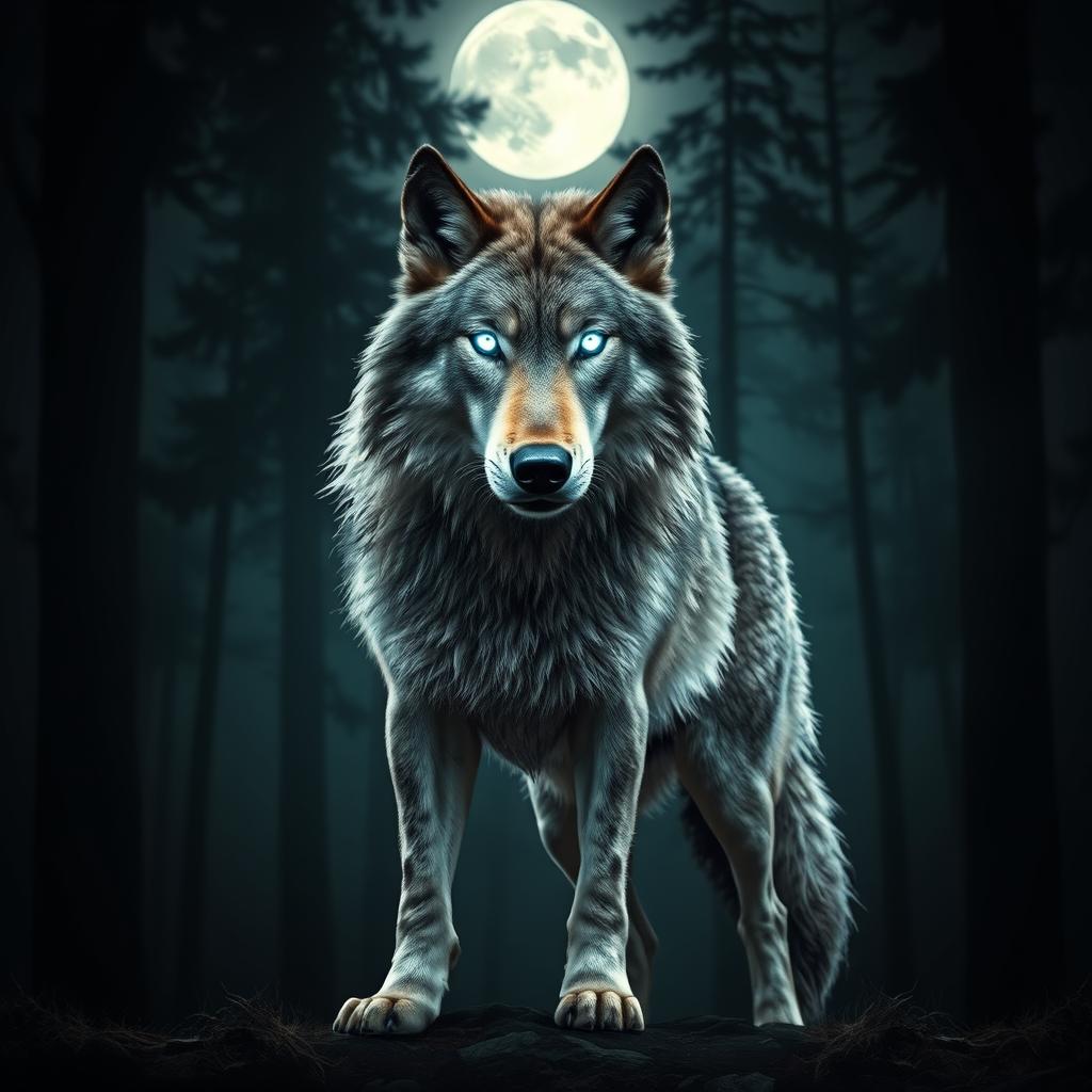 A majestic wolf standing proudly in a moonlit forest, showcasing its powerful glowing white eyes that pierce through the darkness
