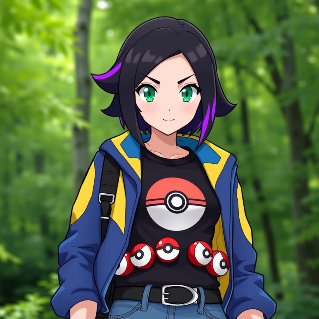 Vibrant Female Pokémon Trainer in a Lush Forest | Idyllic AI Art Ideas
