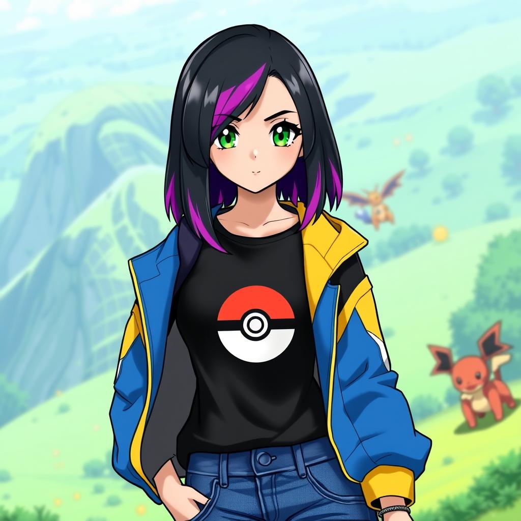 A female Pokemon trainer, depicted with shoulder-length black hair featuring vibrant purple highlights, captivating green eyes