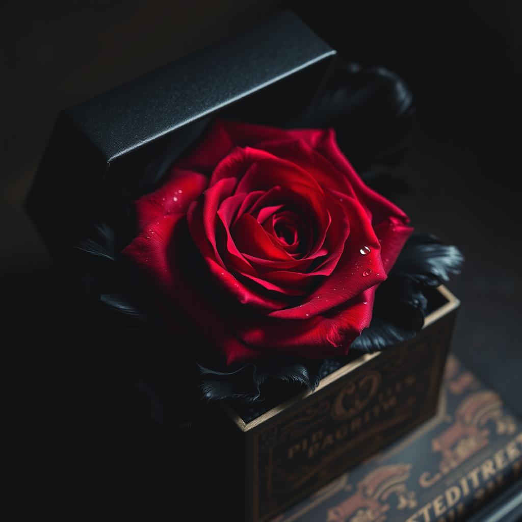 A beautifully arranged creepy gift box containing a striking crimson rose and a delicate black feather