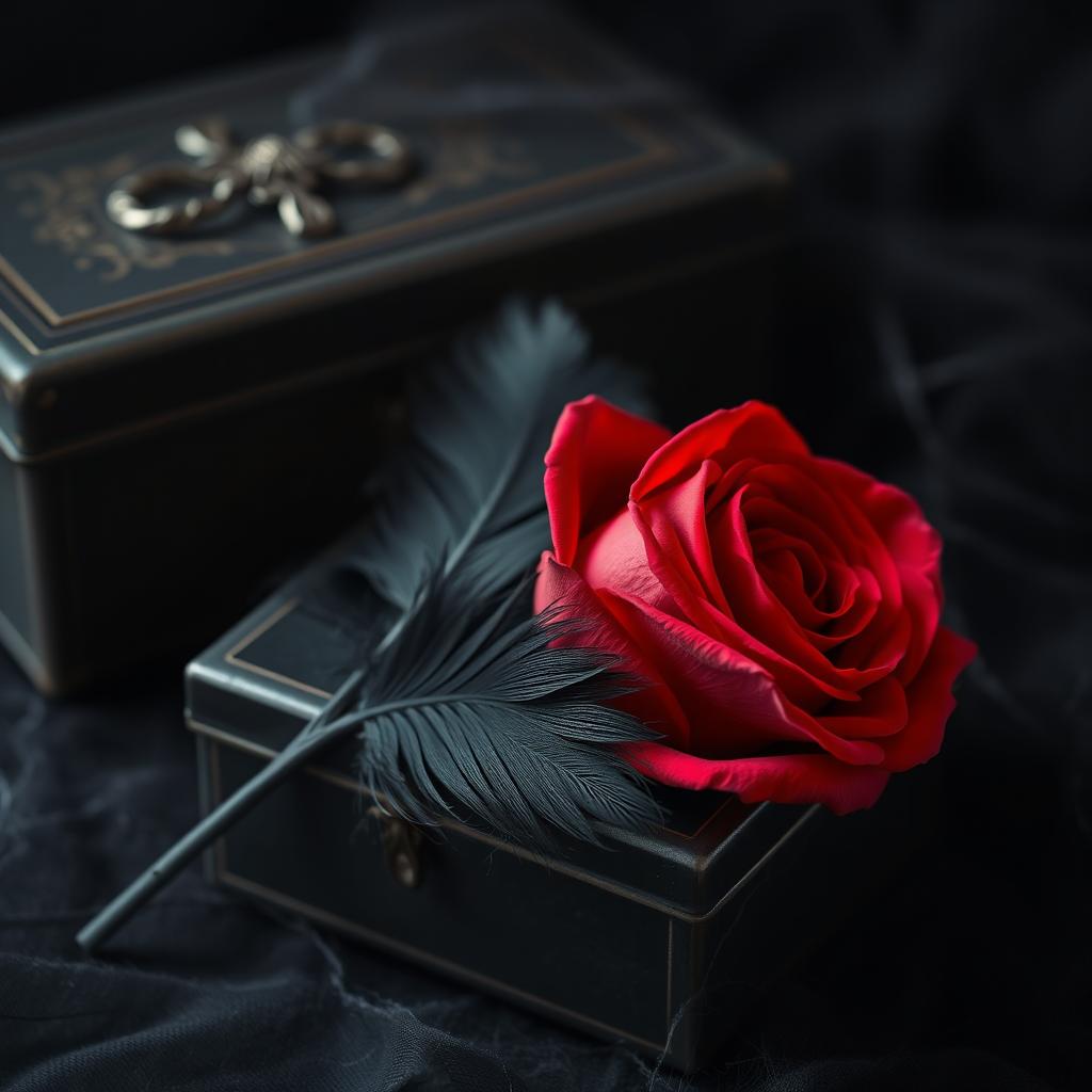 A beautifully arranged creepy gift with a single crimson rose and a delicate black feather, set against a dark and mysterious background