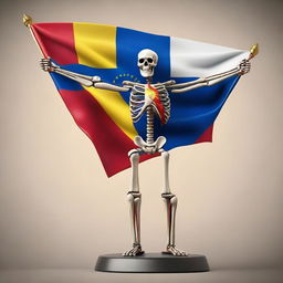 A detailed skeletal figure triumphantly holding a vibrant Venezuelan flag