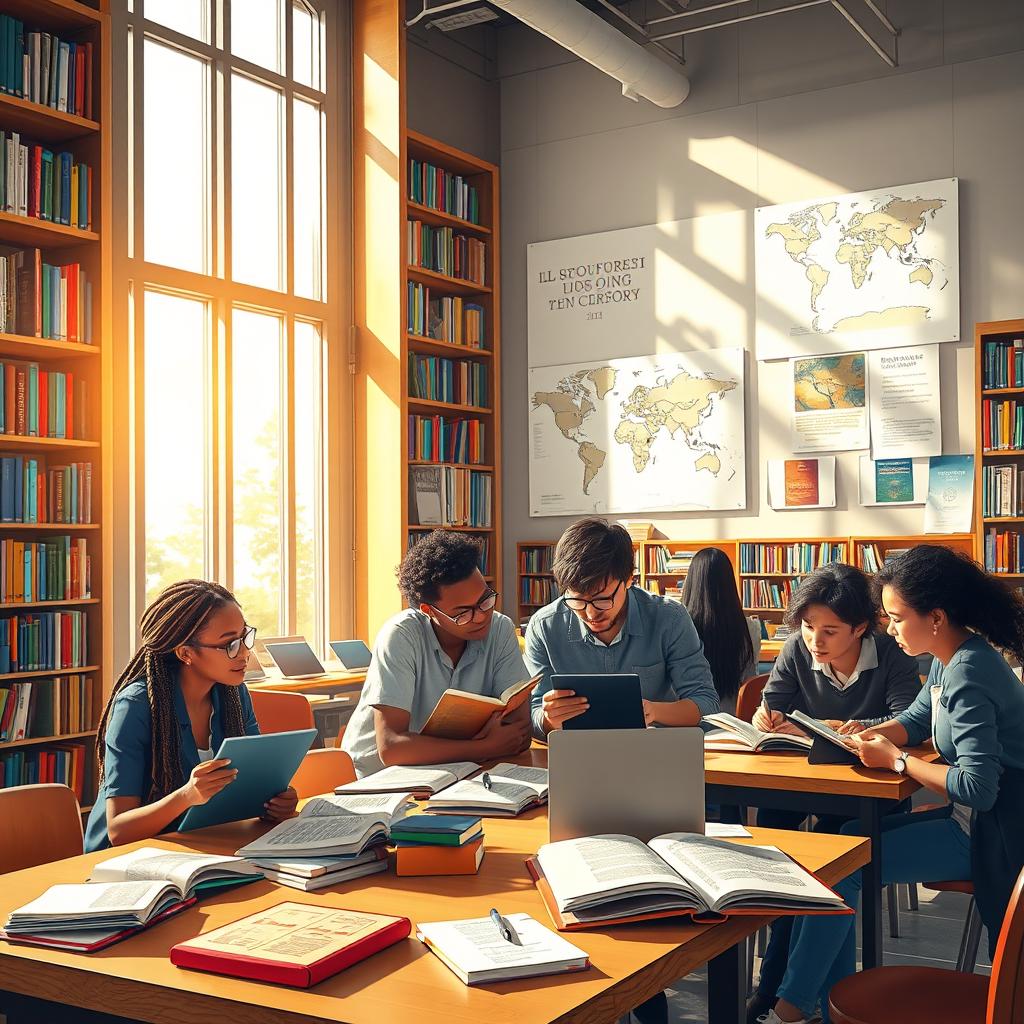 An artistic representation of an academic setting featuring a diverse group of students studying together in a library