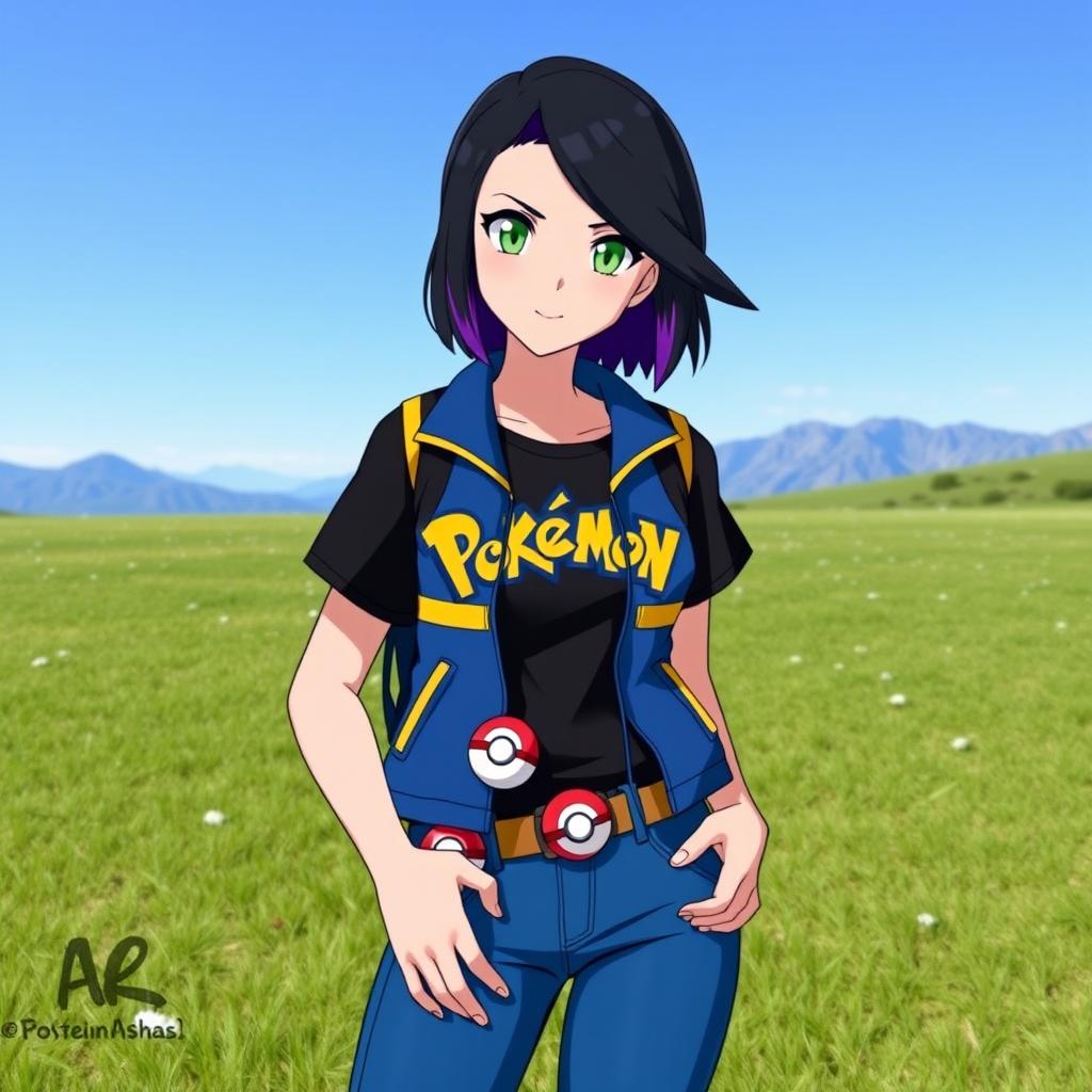 A female Pokémon trainer with shoulder-length black hair and striking purple highlights, showcasing vibrant green eyes