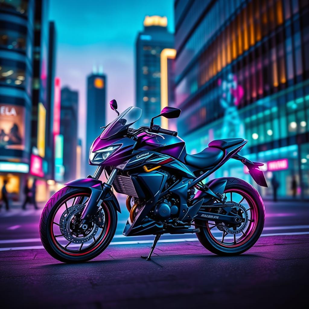 A stylish and aesthetic poster featuring a sleek and modern motorcycle parked in an urban environment