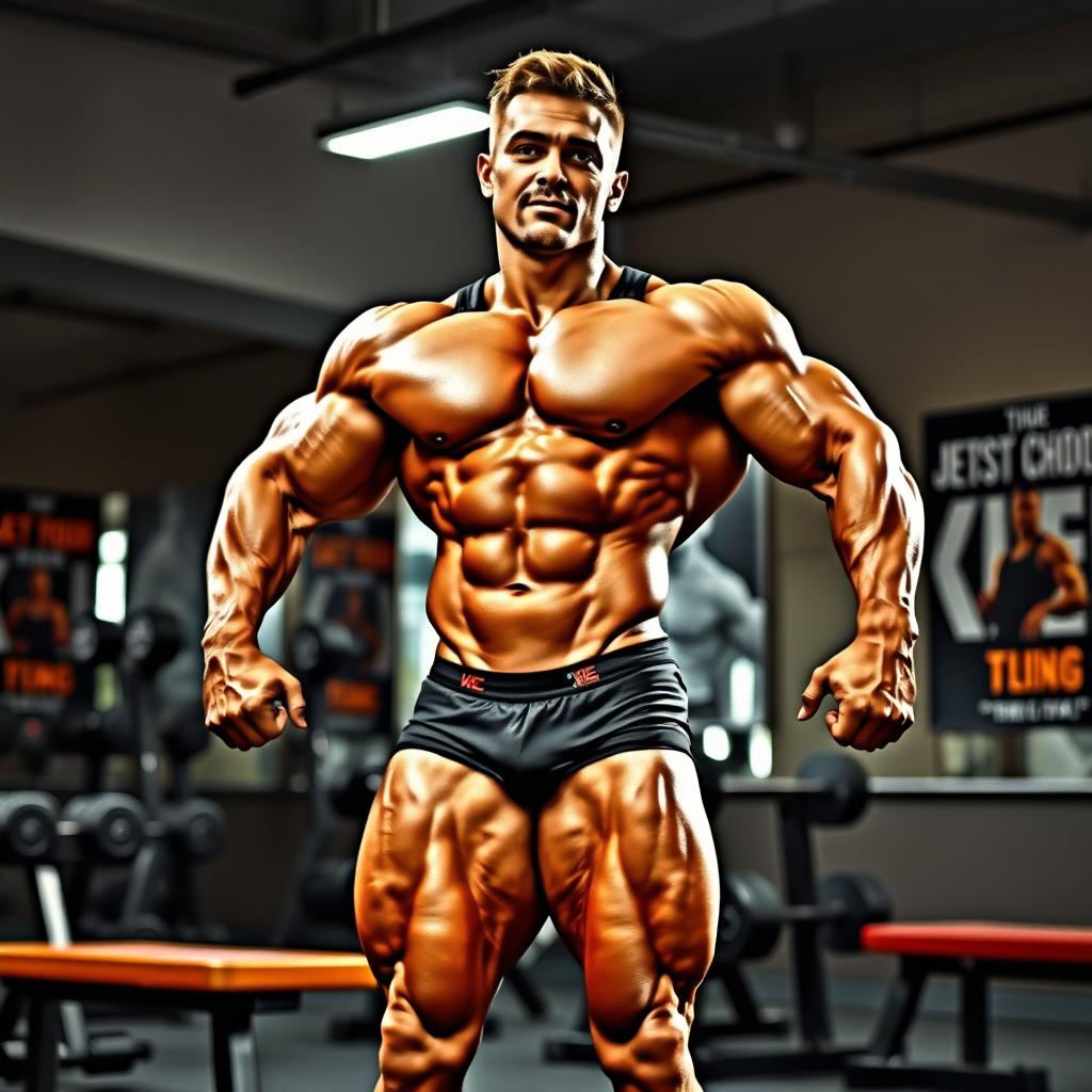 A muscular bodybuilder weighing 75 kg, posing confidently in a gym setting