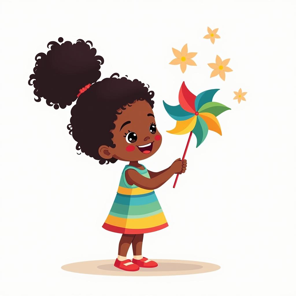 A simple illustration of a young black girl blowing on a pinwheel, showcasing her joyful expression as she watches the pinwheel spin