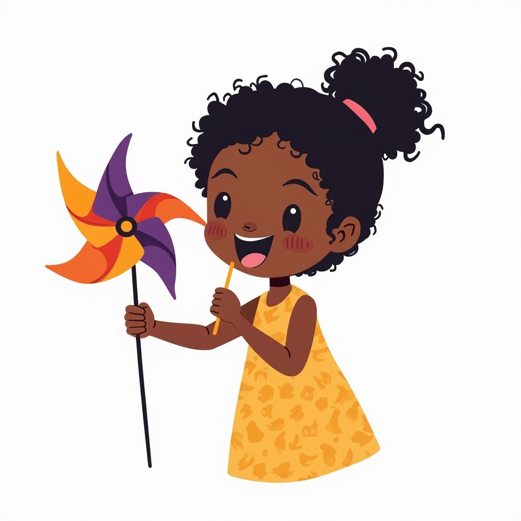 A simple illustration of a young black girl blowing on a pinwheel, capturing her delighted expression as she interacts with it