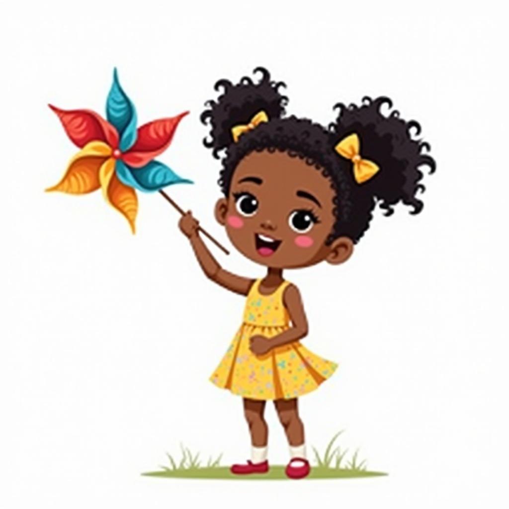 A simple illustration of a young black girl blowing on a colorful pinwheel, capturing her cheerful expression