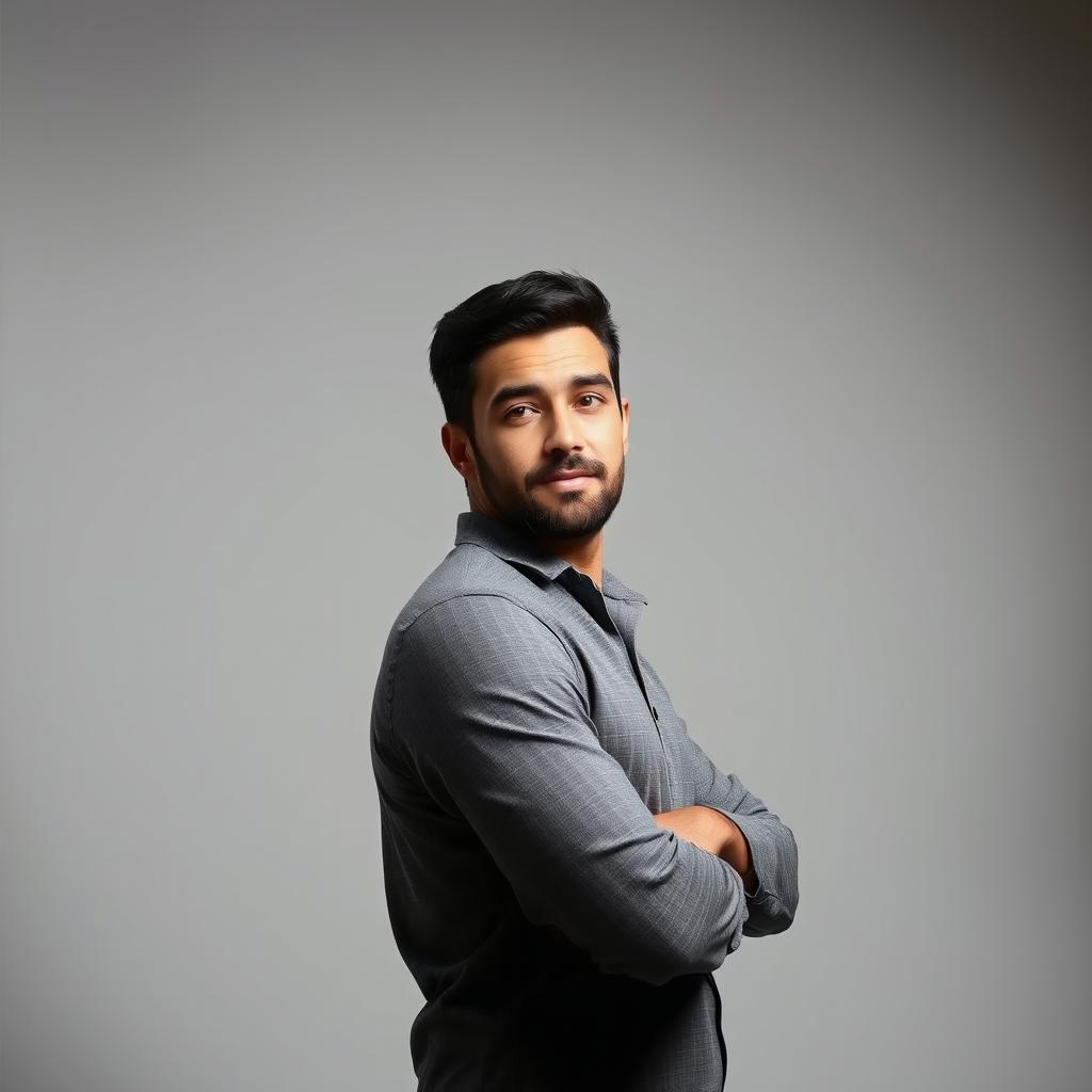 A man standing tall and confident, slightly angled towards the camera to create a dynamic perspective