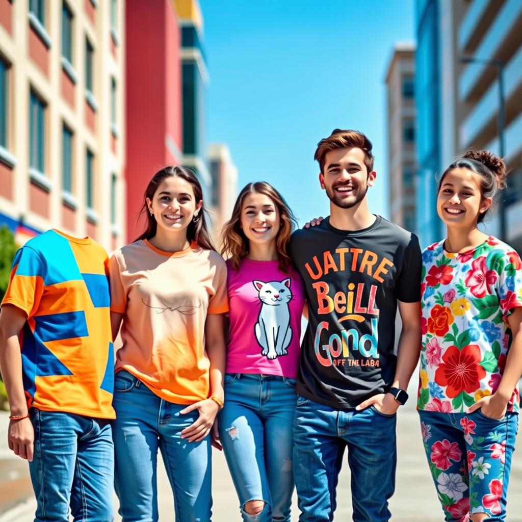 A group of four young adults standing together in a vibrant urban setting