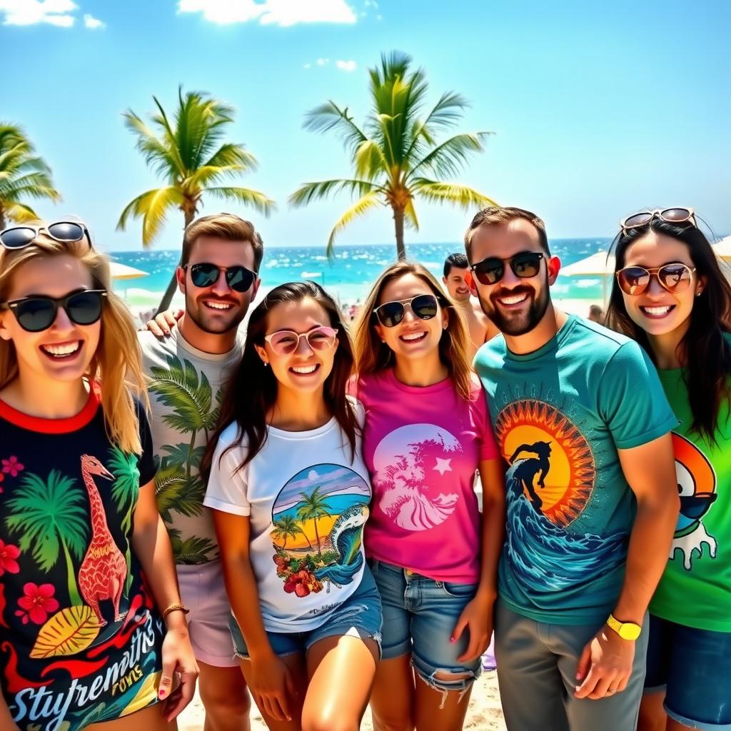 A group of friends enjoying a lively beach party, wearing vibrant and colorful t-shirts with various playful designs like tropical prints, surf motifs, and abstract art