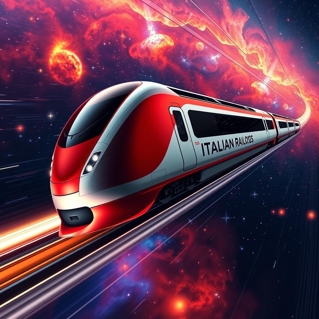 A futuristic Frecciarossa 1000 train traveling through the vastness of outer space, surrounded by stars and colorful nebulae
