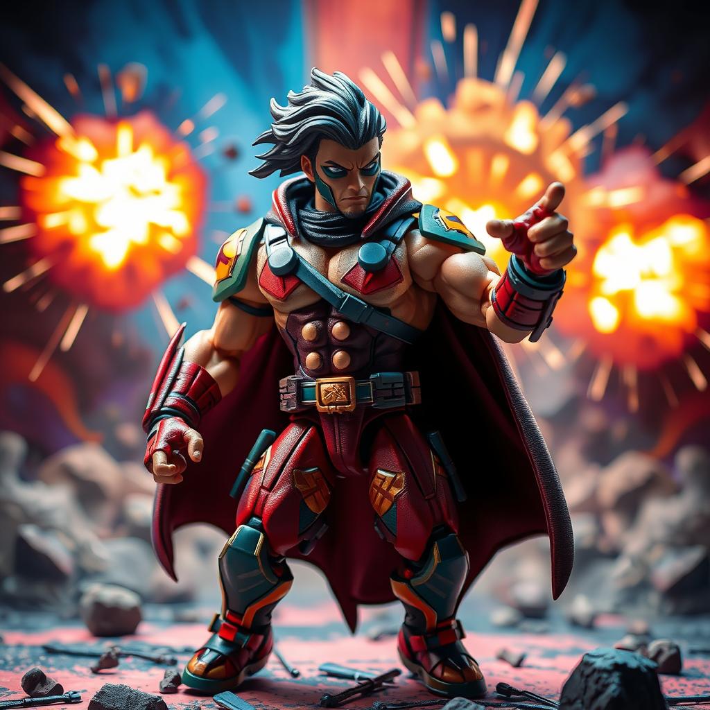 A dynamic and exciting scene featuring a detailed action figure posed heroically on a vibrant background