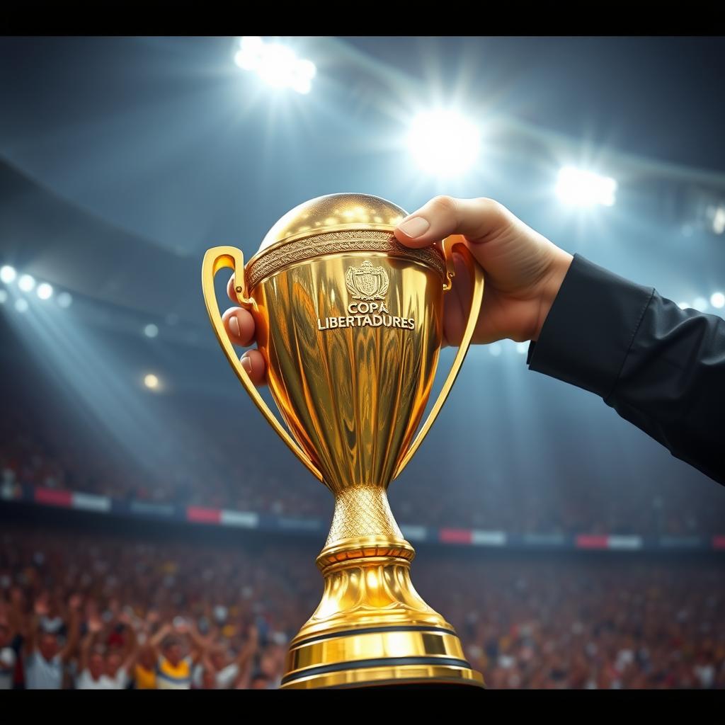 A dramatic scene featuring a golden Copa Libertadores trophy being skillfully caught by a giant hand reaching out from the side